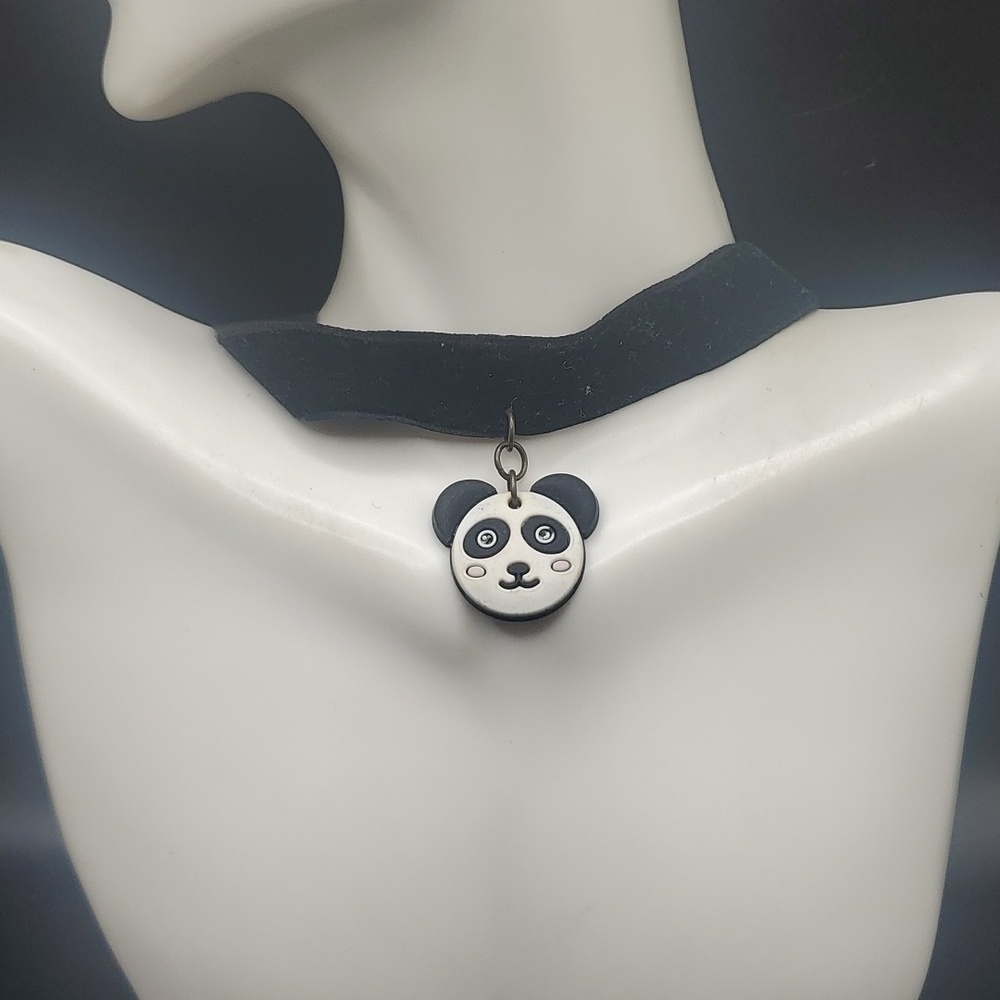 N2809 cute black velvet panda choker‎